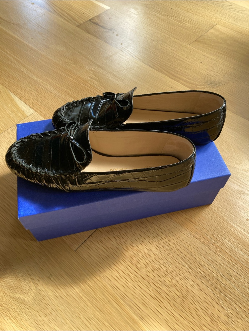 Stuart Weitzman Black Croc-Embossed Leather Loafers size 39